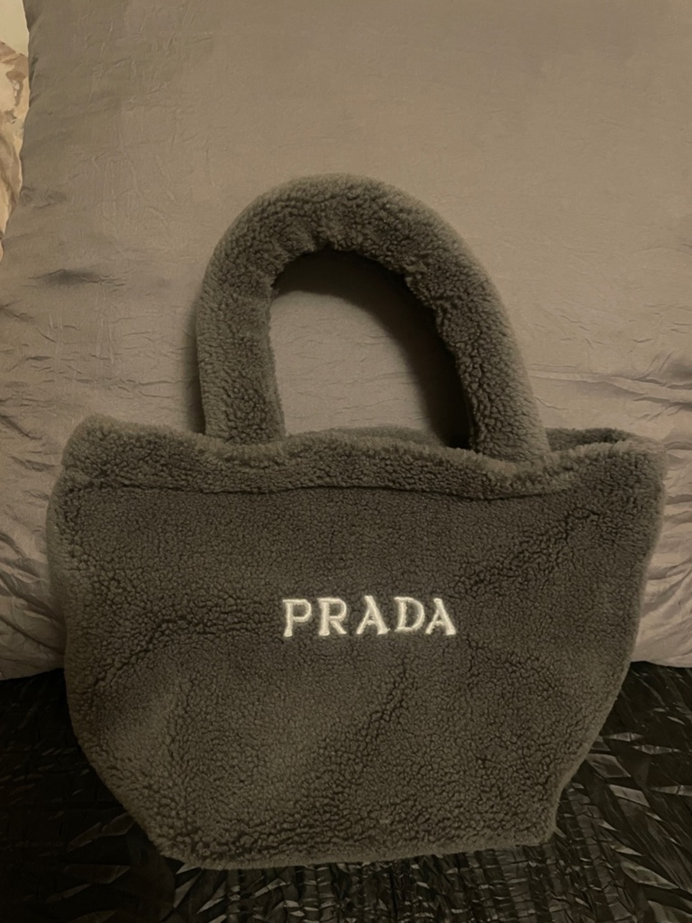 Prada Gray Sherpa Tote with White Logo